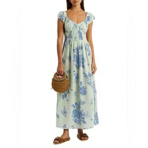 FREE PEOPLE Milkmaid Midi Dress Sundress Blue Floral Gauzy CottageCore Cotton M